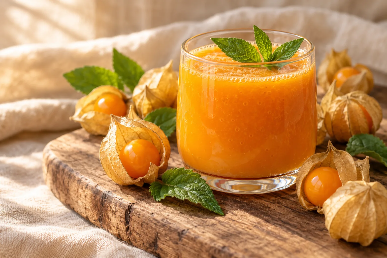 Vaso de jugo de physalis naranja junto a frutos frescos sobre tabla de madera
