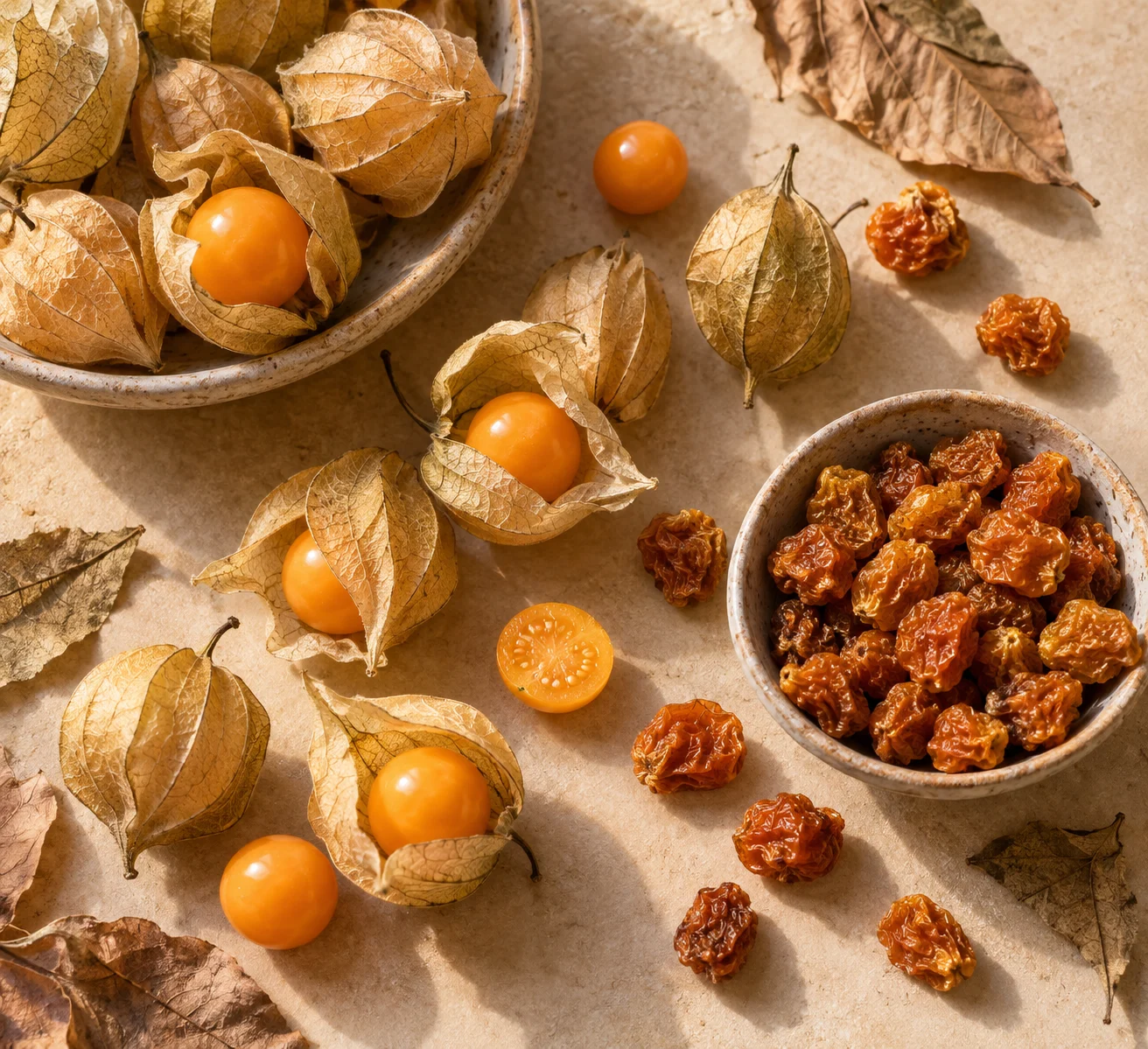Planta de physalis y bolsa de physalis deshidratado sobre superficie de lino beige